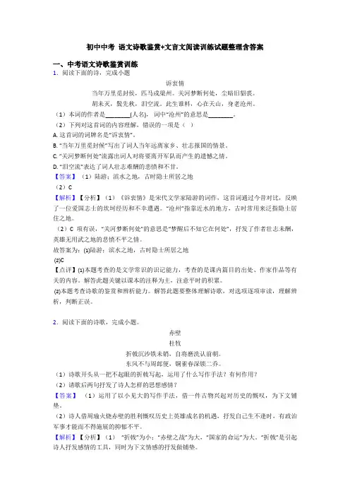 初中中考 语文诗歌鉴赏+文言文阅读训练试题整理含答案