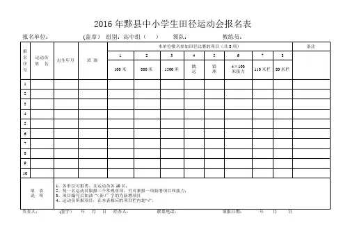 2016年县中小学生田径运动会报名表