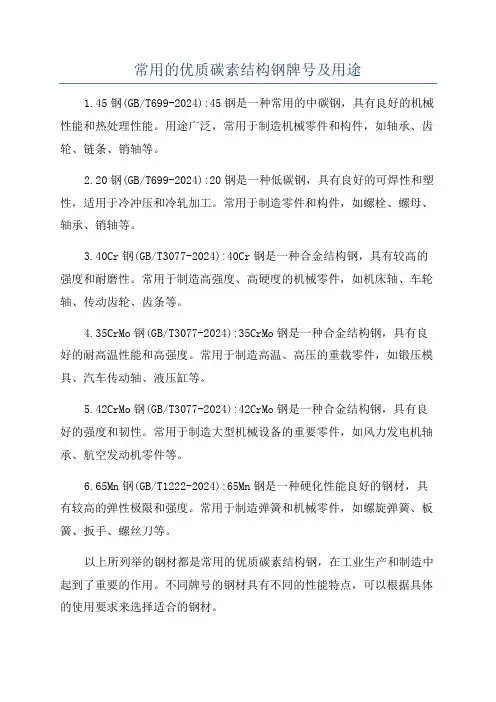 常用的优质碳素结构钢牌号及用途