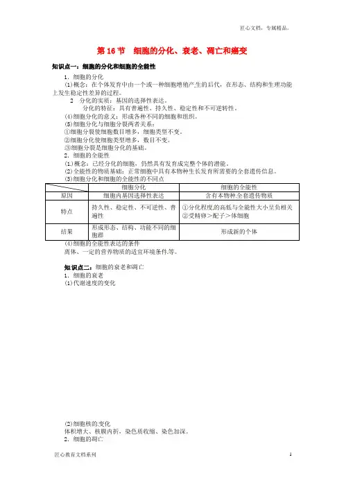 高考生物复习 专题04 细胞的生命历程 细胞的分化、衰老、凋亡和癌变知识点