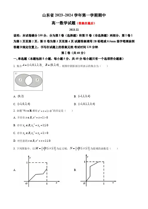 山东省2023-2024学年高一上学期期中考试 数学含解析