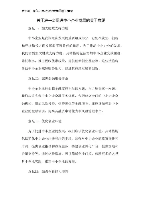 关于进一步促进中小企业发展的若干意见