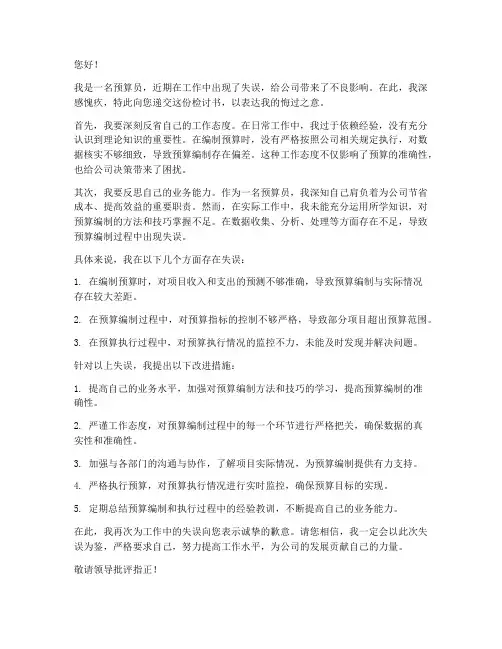 预算员工作失误的检讨书