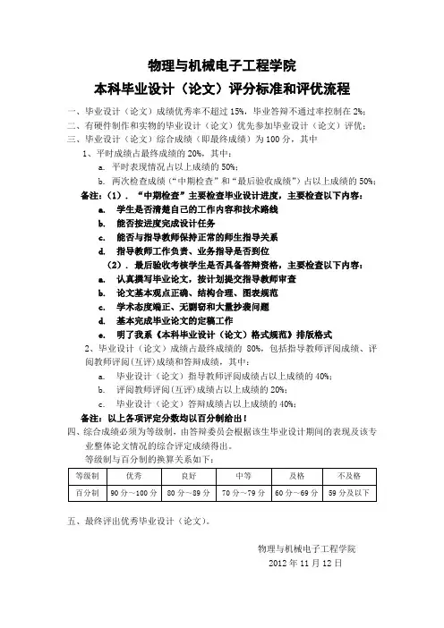 本科毕业设计(论文)评分标准和评优流程