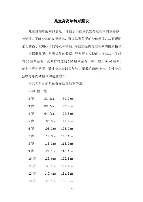 儿童身高年龄对照表