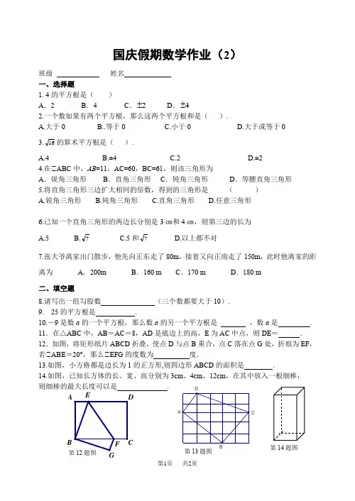 初中数学 国庆假期数学作业(2)