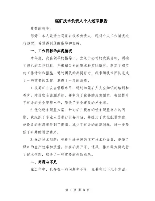 煤矿技术负责人个人述职报告