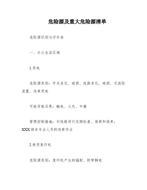 危险源及重大危险源清单