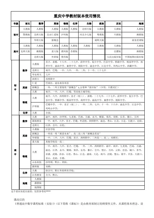重庆中学教材使用版本