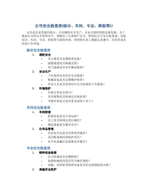 公司安全检查表(综合、车间、专业、班组等)2