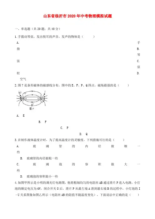 山东省临沂市2020年中考物理模拟试题