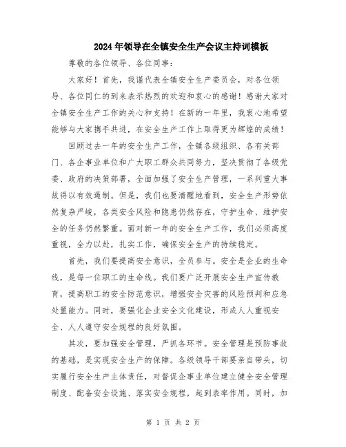 2024年领导在全镇安全生产会议主持词模板