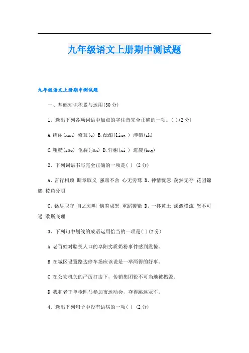 九年级语文上册期中测试题
