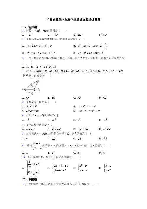 广州市数学七年级下学期期末数学试题题