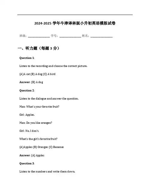 2024-2025学年牛津译林版小升初英语模拟试卷及答案