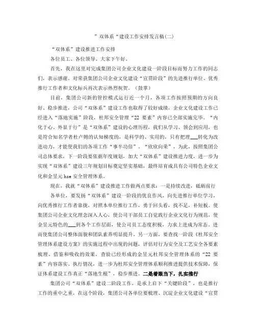 ”双体系“建设工作安排发言稿(二)