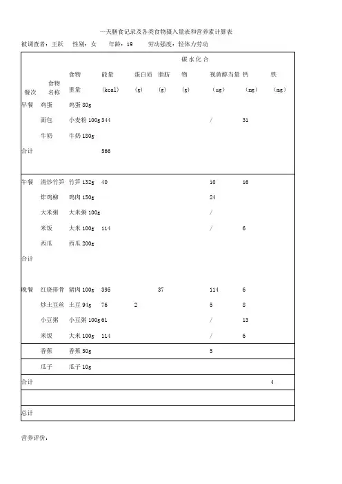 一天膳食记录及各类食物摄入量表和营养素计算表