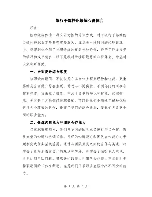 银行干部挂职锻炼心得体会