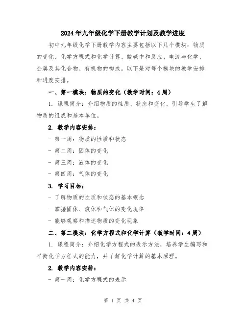 2024年九年级化学下册教学计划及教学进度