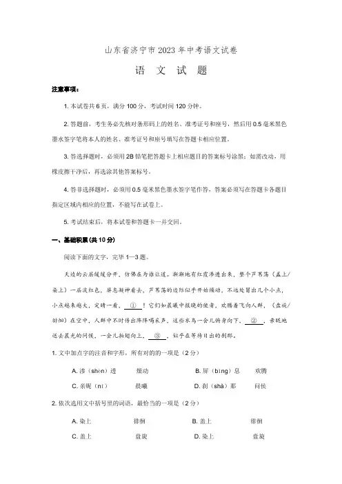 2023年山东省济宁市中考语文试卷真题版含答案