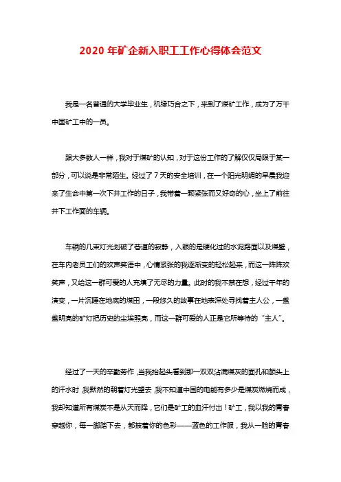 2020年矿企新入职工工作心得体会范文