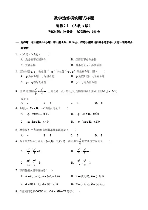 高中数学选修2-1试题及答案
