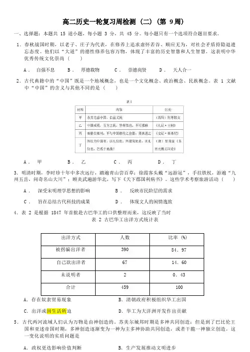 山东省济南市章丘区第四中学2022-2023学年高二下学期周检测(二)(第9周)历史试卷