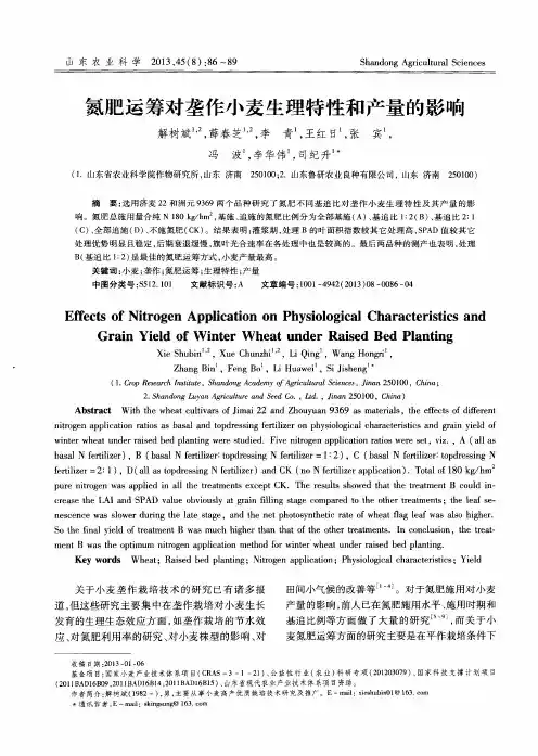 氮肥运筹对垄作小麦生理特性和产量的影响