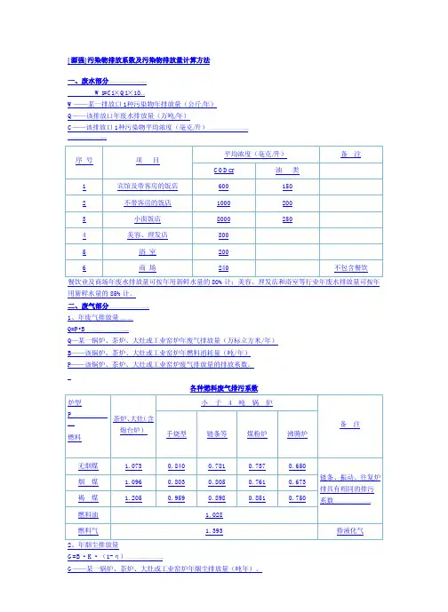 源强污染物排放系数及污染物排放量计算方法