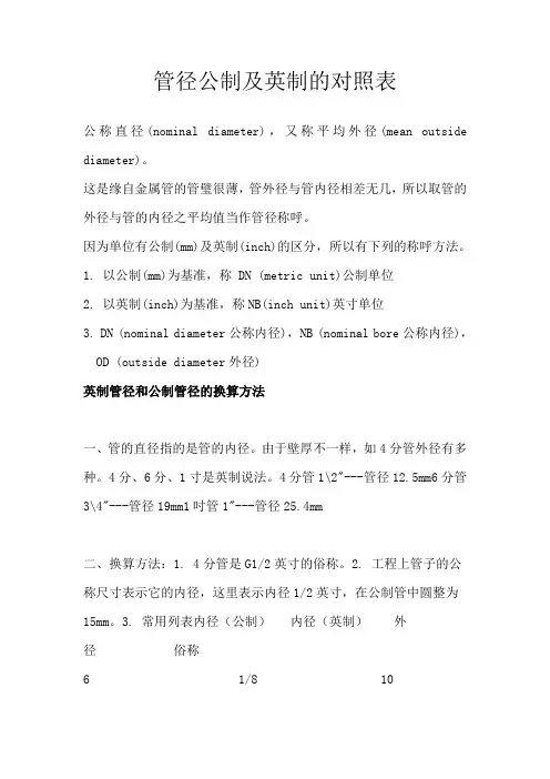 管径公制及英制的对照表