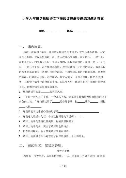 小学六年级沪教版语文下册阅读理解专题练习题含答案
