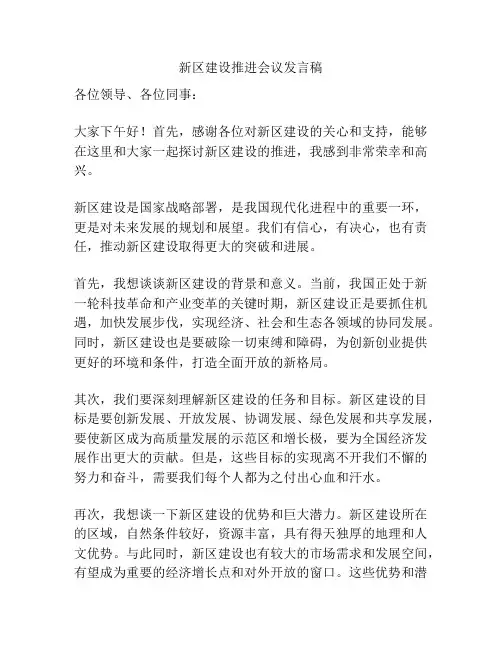新区建设推进会议发言稿