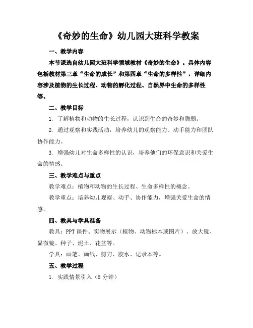 《奇妙的生命》幼儿园大班科学教案