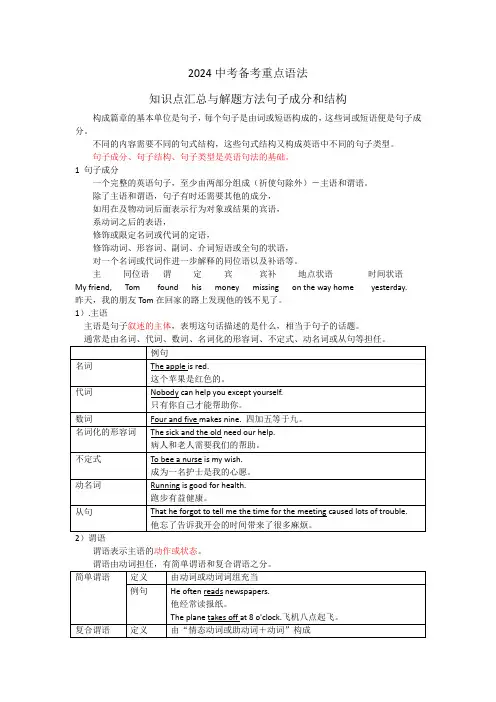 2024中考备考重点语法知识点汇总与解题方法句子成分和结构