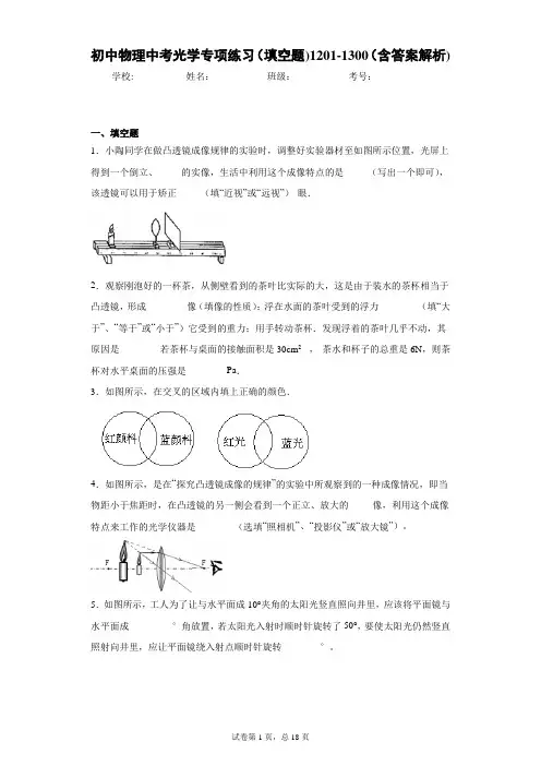 初中物理中考光学专项练习(填空题)1201-1300(含答案解析)