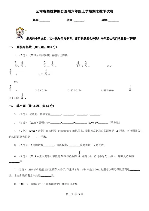 云南省楚雄彝族自治州六年级上学期期末数学试卷
