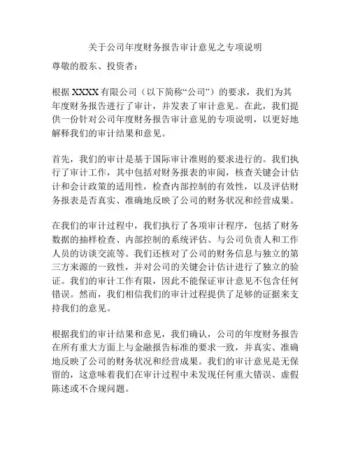 关于公司年度财务报告审计意见之专项说明