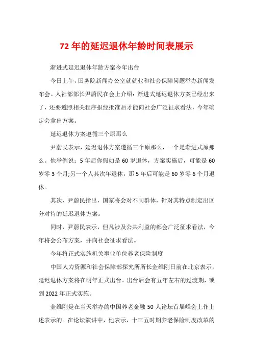 72年的延迟退休年龄时间表展示
