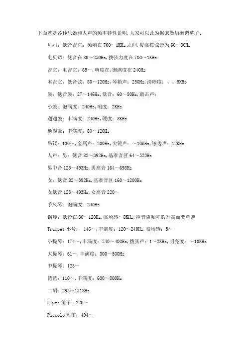 混音乐器人声常用频率表