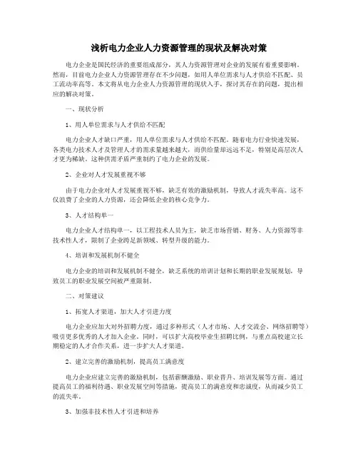 浅析电力企业人力资源管理的现状及解决对策