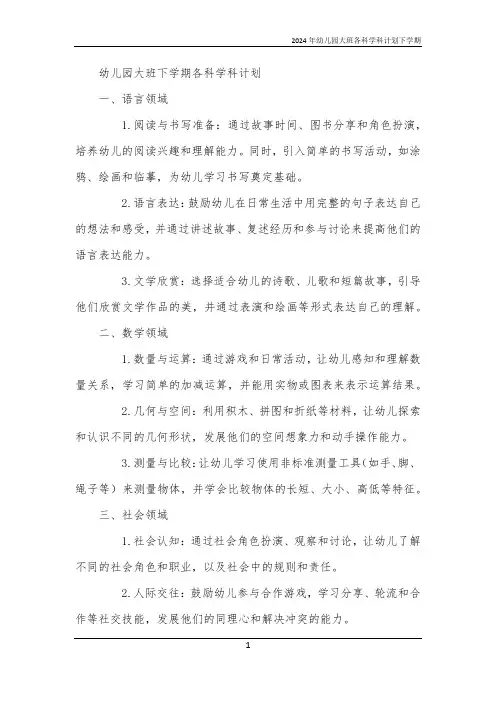 2024年幼儿园大班各科学科计划下学期