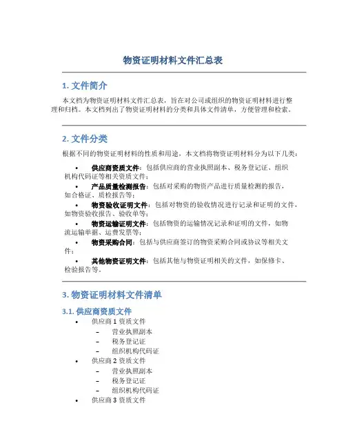 物资证明材料文件汇总表