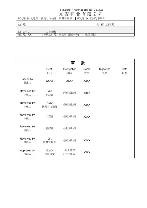 根据2010版GMP和欧盟审计设计的工艺规程模板