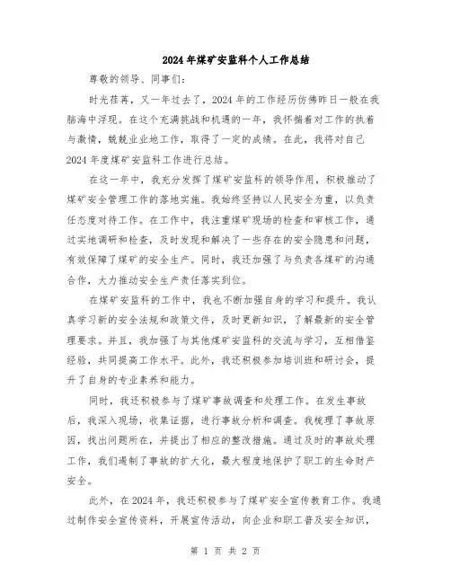 2024年煤矿安监科个人工作总结