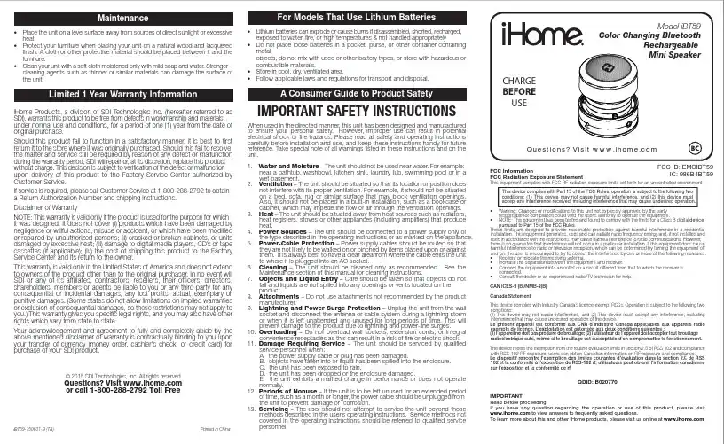 iHome iBT59颜色变化蓝牙充电迷你扬声器说明书