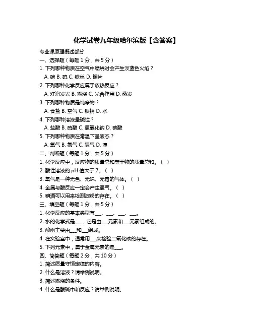 化学试卷九年级哈尔滨版【含答案】