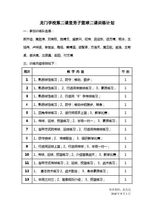 篮球第二课堂训练计划
