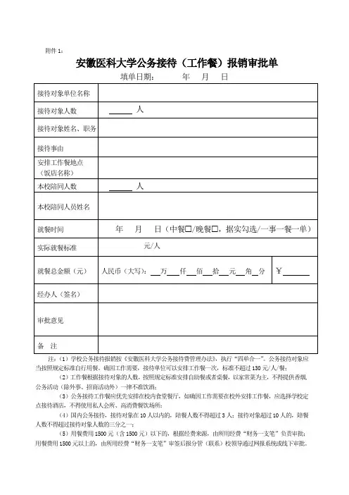 公务接待(工作餐)报销审批单