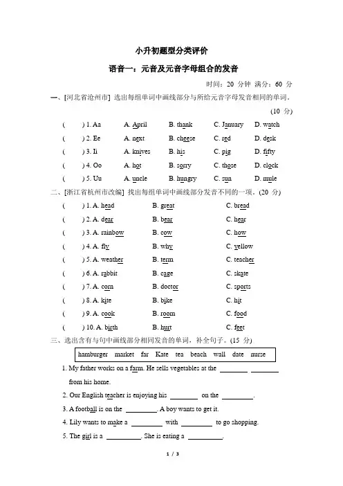 PEP版英语六年级下册小升初专题卷(含答案)语音一：元音及元音字母组合的发音