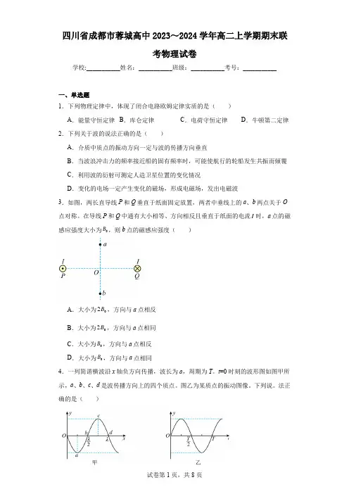 四川省成都市蓉城高中2023～2024学年高二上学期期末联考物理试卷